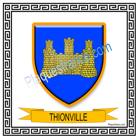 Plaque métal décorative fond blanc carré 30 x 30cm  blason Thionville, Moselle 57