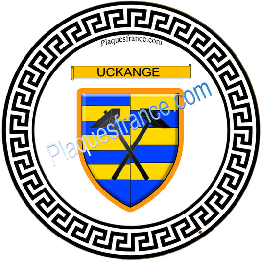Plaque métal décorative fond blanc ronde Ø 30 cm blason Uckange, canton de Fameck, Moselle 57