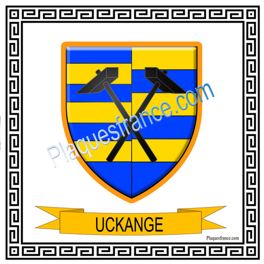 Plaque métal décorative fond blanc carrée 30 x 30 cm blason Uckange, canton de Fameck, Moselle 57