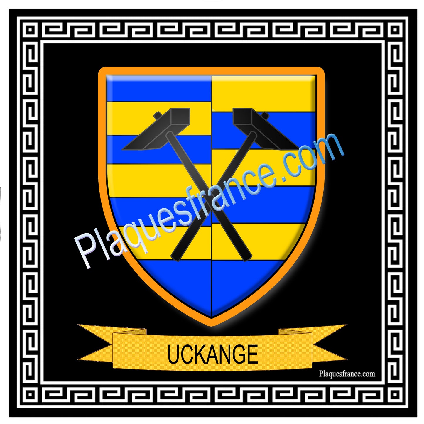 Plaque métal décorative fond noir carrée 30 x 30 cm blason Uckange, canton de Fameck, Moselle 57