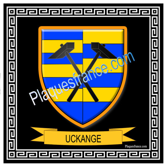 Plaque métal décorative fond noir carrée 30 x 30 cm blason Uckange, canton de Fameck, Moselle 57