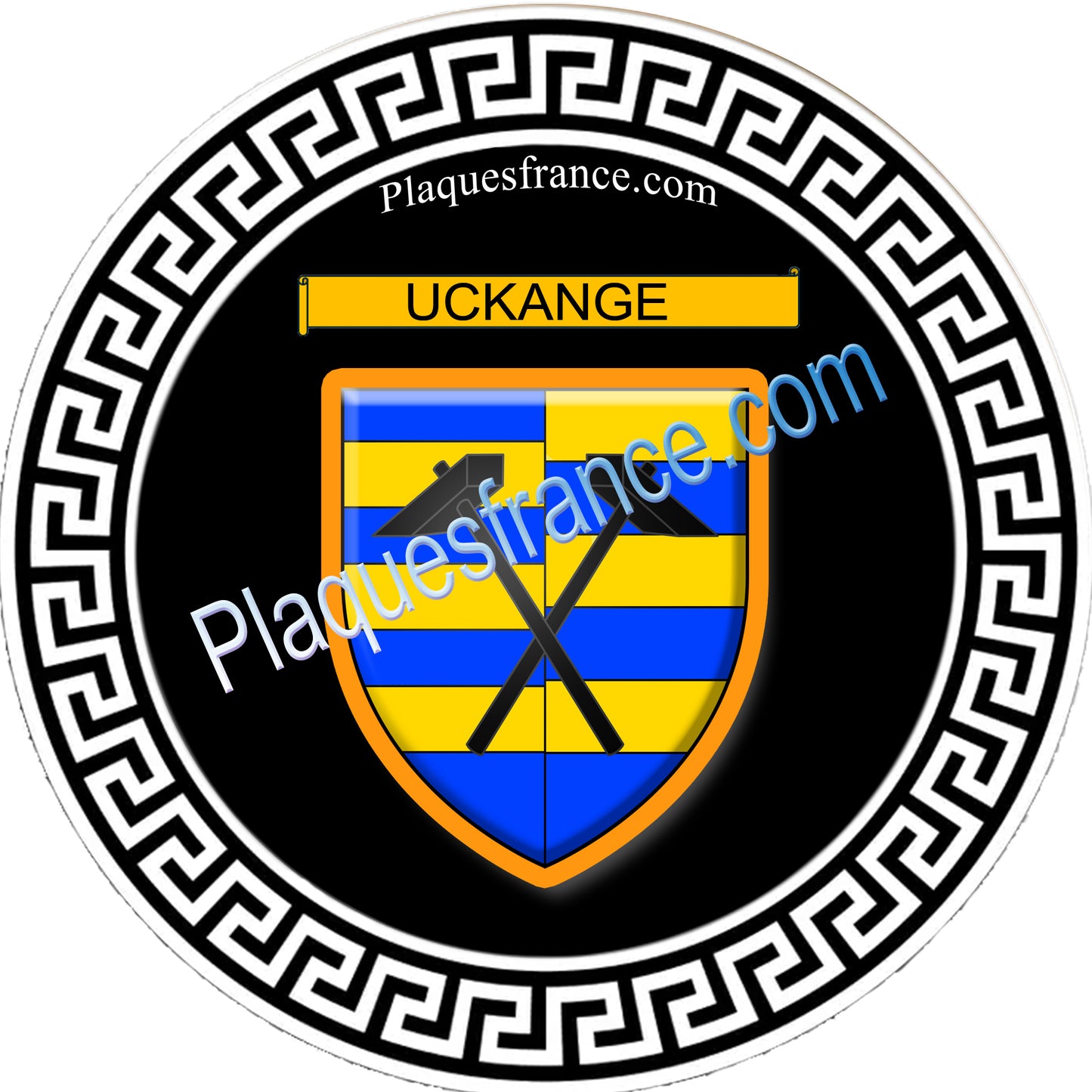 Plaque métal décorative fond noir ronde Ø 30 cm blason Uckange, canton de Fameck, Moselle 57