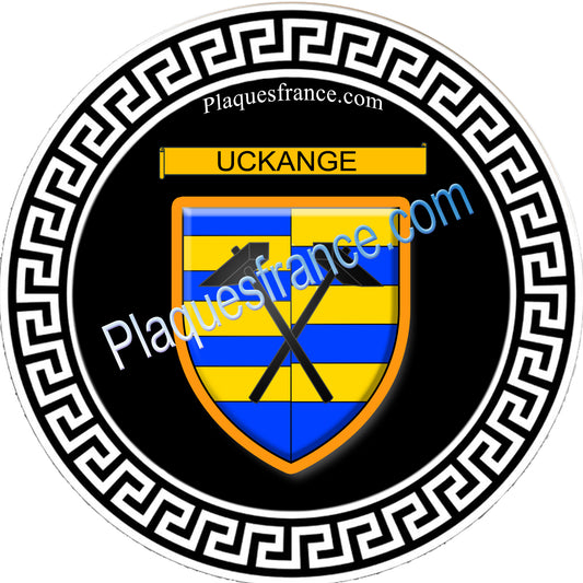 Plaque métal décorative fond noir ronde Ø 30 cm blason Uckange, canton de Fameck, Moselle 57