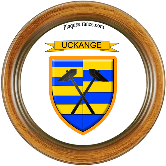 Plaque métal décorative cadre bois ronde Ø 30 cm blason Uckange, canton de Fameck, Moselle 57