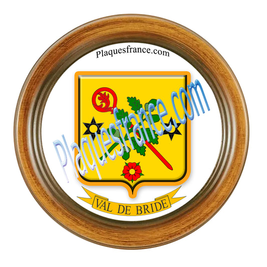 Plaque métal décorative format rond Ø 30 cm cadre bois Val de Bride, canton du Saulnois, Moselle 57