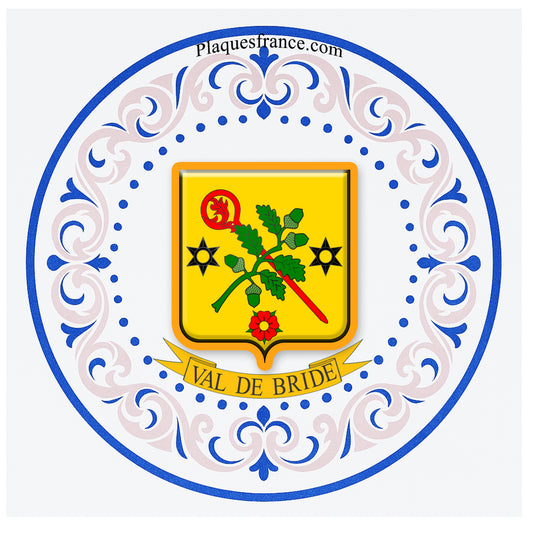 Plaque métal décorative aile lys ronde Ø 30 cm blason Val-de-Bride, canton du Saulnois Moselle 57