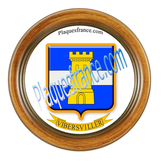Plaque métal décorative format rond Ø 30 cm cadre bois Vibersviller, canton du Saulnois, Moselle 57