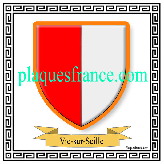 Plaque métal décorative fond blanc carrée 30x30 cm blason de Vic-sur-Seille, canton du Saulnois Moselle 57