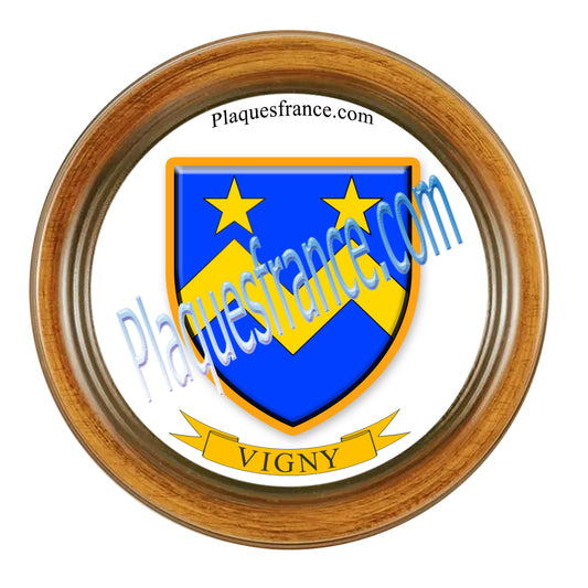 Plaque métal décorative format rond Ø 30 cm cadre bois Vigny, canton du Saulnois, Moselle 57
