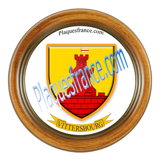 Plaque métal décorative format rond Ø 30 cm cadre bois Vittersbourg, canton du Saulnois, Moselle 57