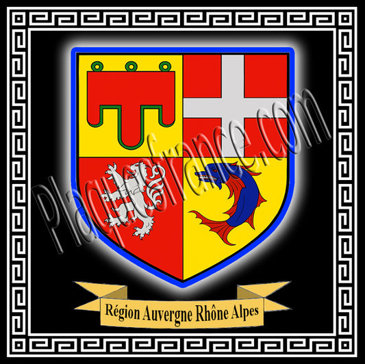 Plaque métal décorative fond noir avec blason région Auvergne rhône Alpes