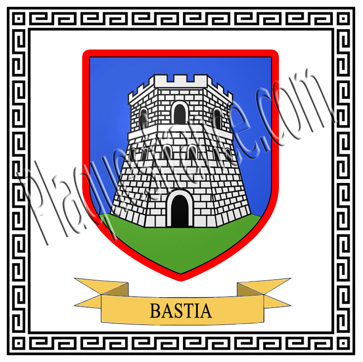 Plaque métal décorative carrée  30 x 30 cm fond blanc avec blason Bastia  Canton de Bastia Haute-Corse