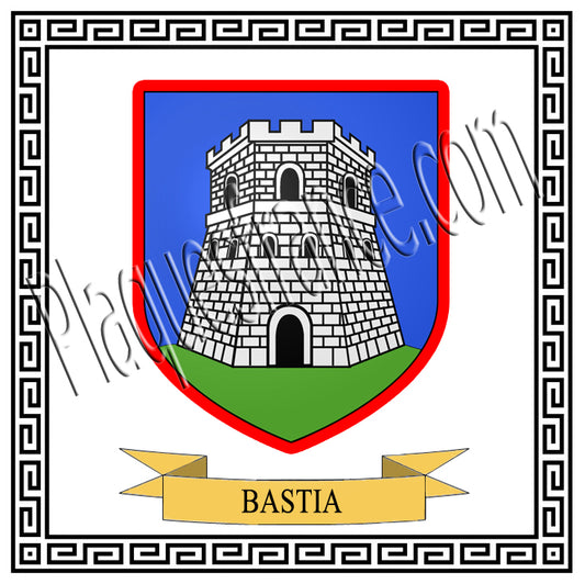 Plaque métal décorative carrée  30 x 30 cm fond blanc avec blason Bastia  Canton de Bastia Haute-Corse