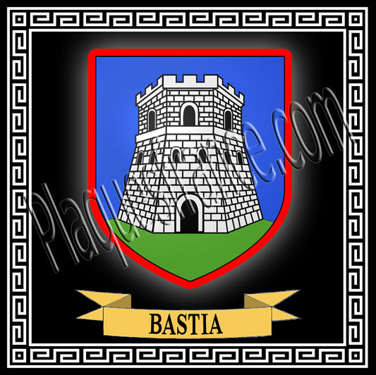 Plaque métal décorative carrée  30 x 30 cm fond noir avec blason Bastia  Canton de Bastia Haute-Corse