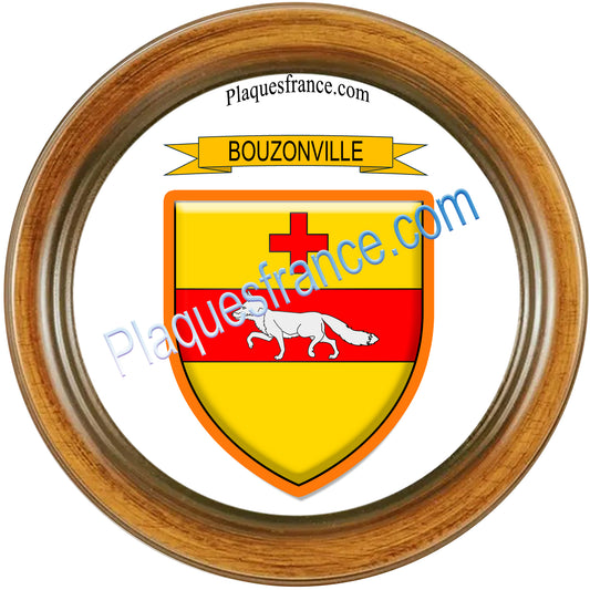 Plaque métal décorative cadre bois Ø 30 cm blason Bouzonville, canton Bouzonville 57