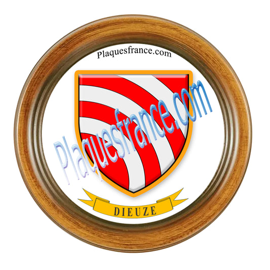 Plaque métal décorative format rond Ø 30 cm cadre bois Dieuze, canton du Saulnois, Moselle 57