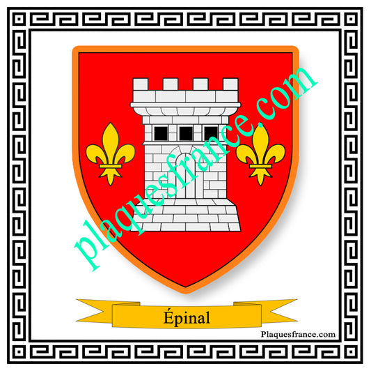Plaque métal décorative fond blanc carrée 30x30 cm blason d'Épinal, Vosges 88