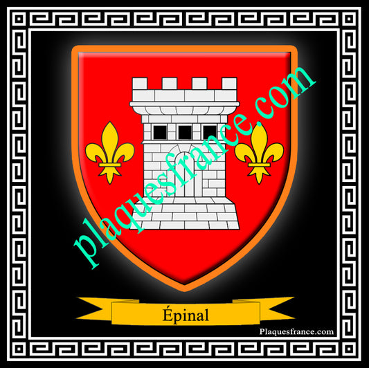 Plaque métal décorative fond noir carrée 30x30 cm blason d'Épinal, Vosges 88