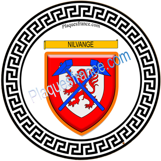 Plaque métal décorative fond rond blanc Ø 30 cm blason Nilvange, canton Nilvange 57