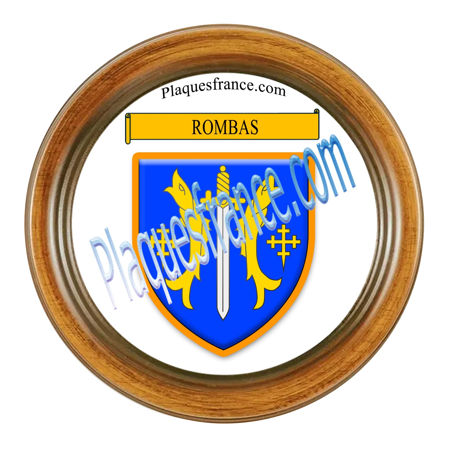 Plaque métal décorative cadre bois ronde Ø 30 cm blason Rombas, canton de Rombas, Moselle 57