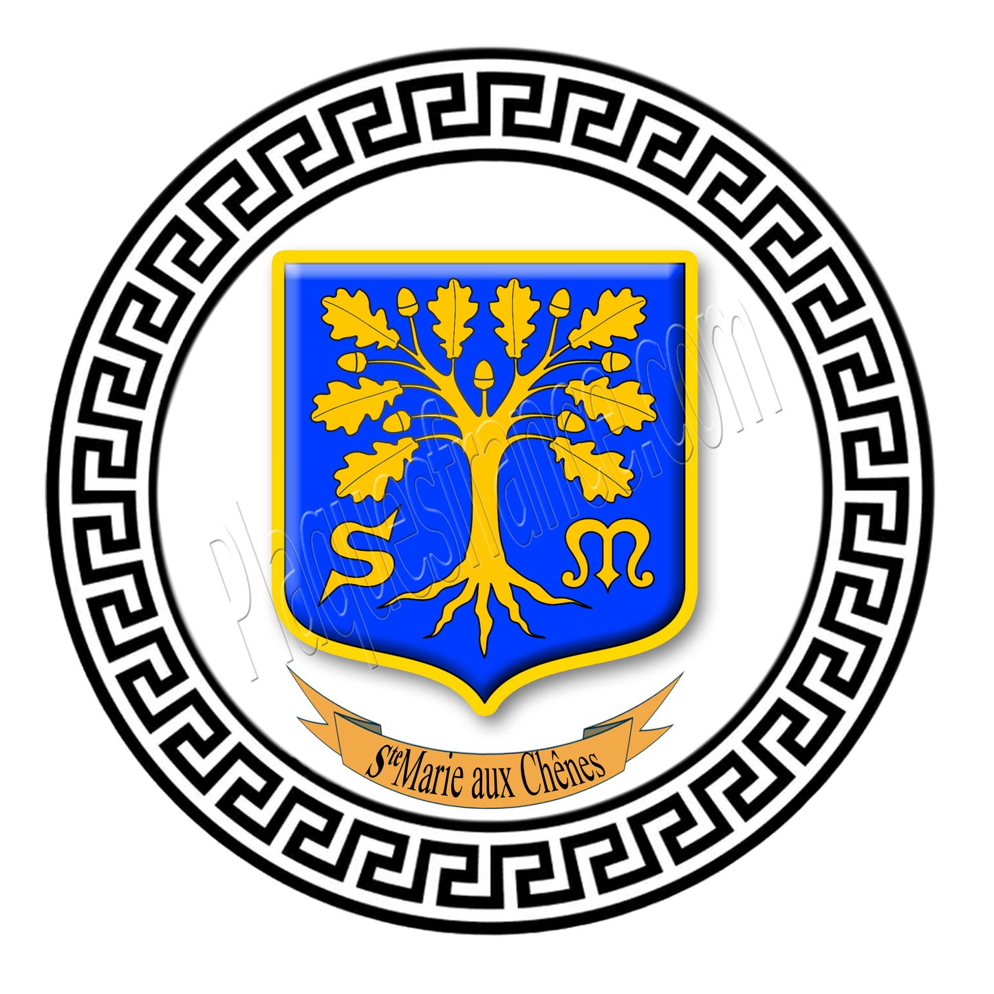 Plaque métal décorative ronde  blason Sainte Marie aux Chênes (57), fond blanc