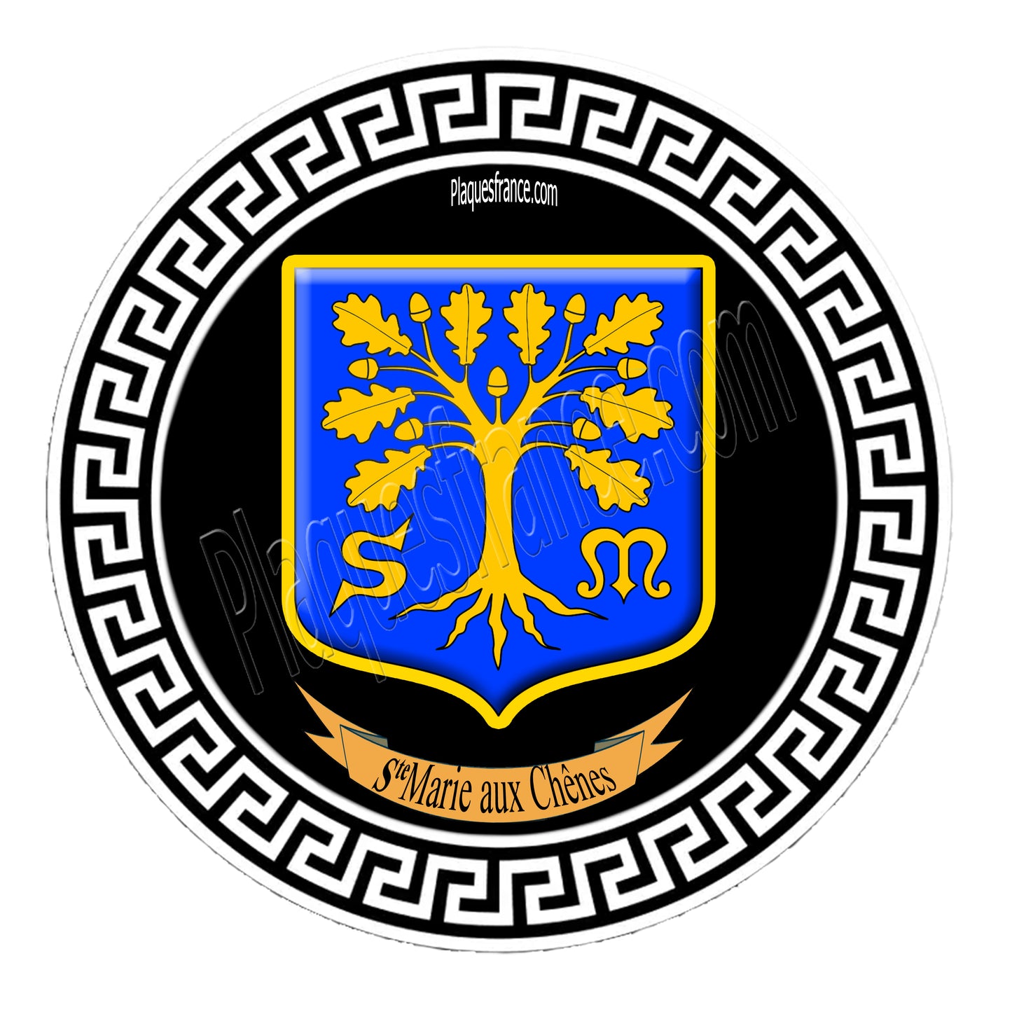 Plaque métal décorative ronde  blason Sainte Marie aux Chênes (57), fond noir