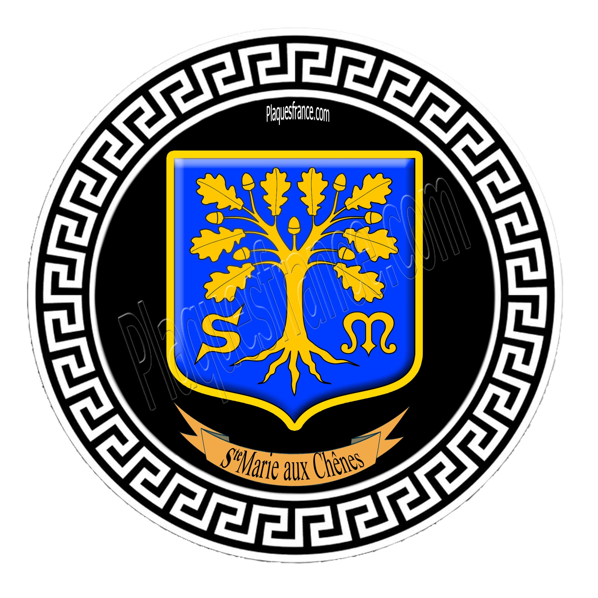 Plaque métal décorative ronde  blason Sainte Marie aux Chênes (57), fond noir
