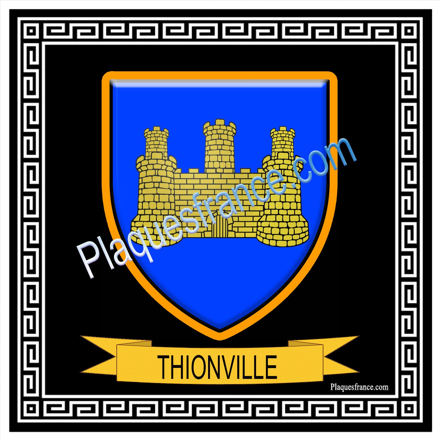 Plaque métal décorative fond noir carré 30 x 30cm  blason Thionville, Moselle 57