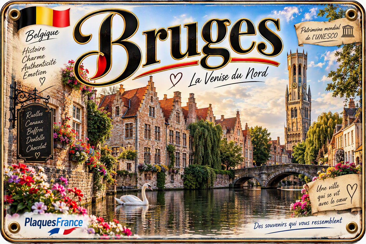 Plaque métal décorative 20 x 30 cm , Bruges Belgique