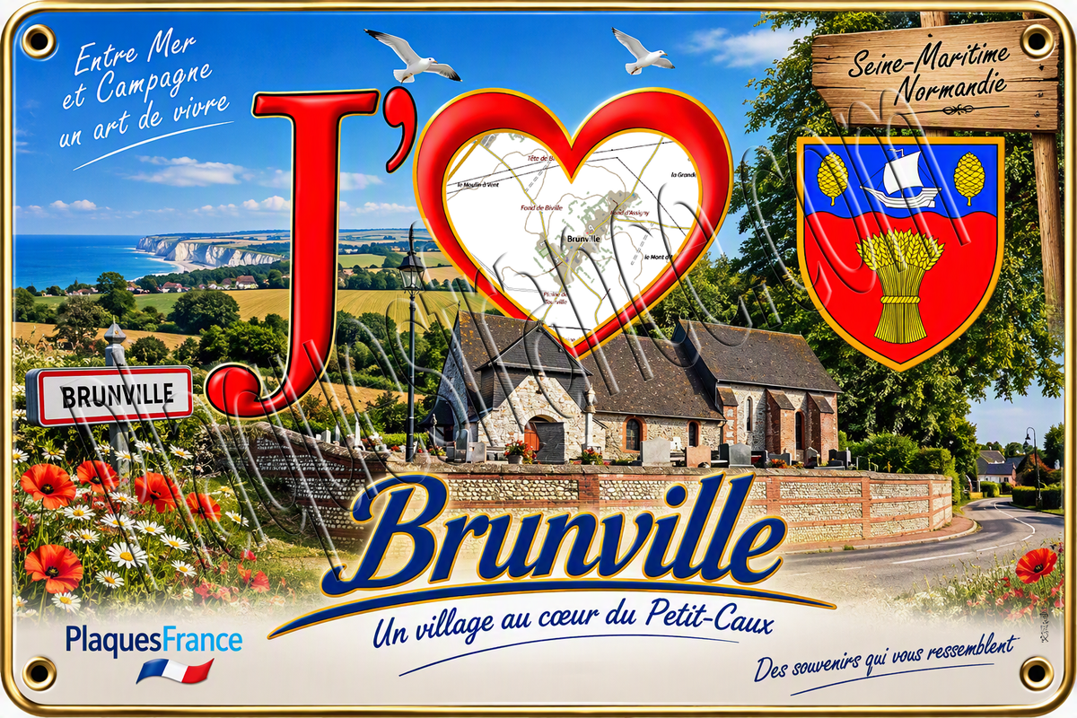 Plaque métal décorative 20 cm x 30 cm J' ❤️ Brunville, Seine Maritime (76)