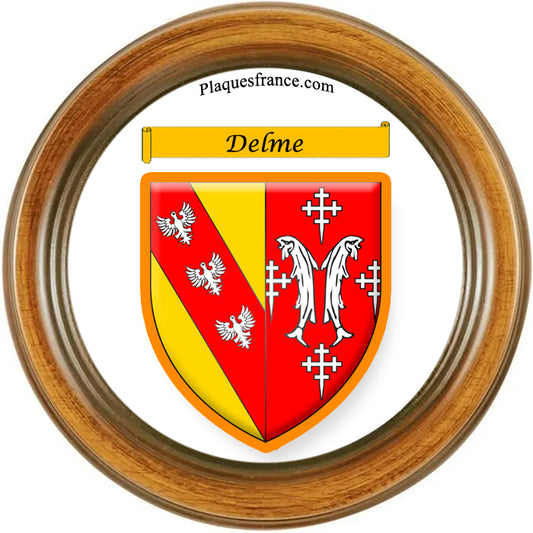 Plaque métal décorative format rond Ø 30 cm cadre bois Delme, canton du Saulnois, Moselle 57