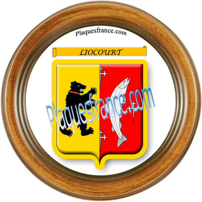 Plaque métal décorative façon cadre bois ronde Ø 30 cm blason Liocourt, canton du Saulnois Moselle 57
