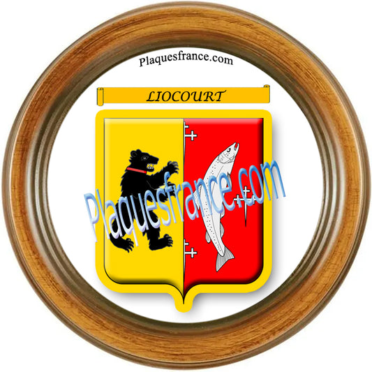 Plaque métal décorative façon cadre bois ronde Ø 30 cm blason Liocourt, canton du Saulnois Moselle 57