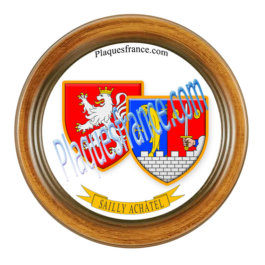 Plaque métal décorative format rond Ø 30 cm cadre bois Sailly-Achâtel, canton du Saulnois, Moselle 57