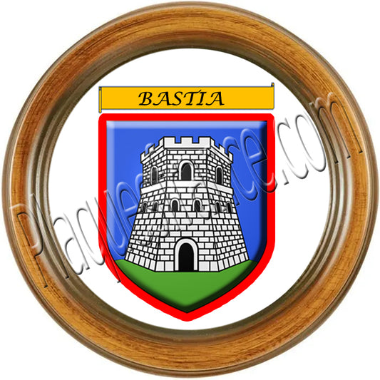 Plaque métal décorative ronde  Ø 30  cm cadre bois avec blason Bastia  Canton de Bastia Haute-Corse