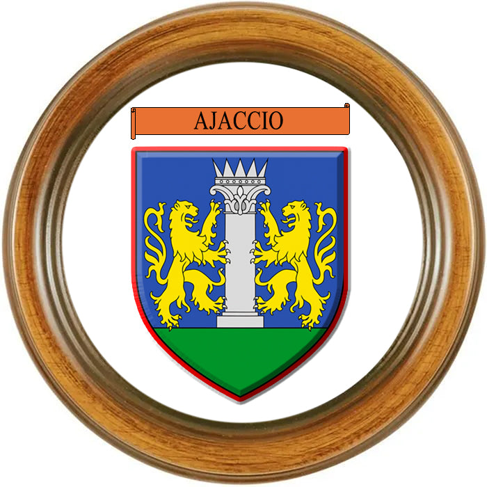 Plaque métal ronde Ø 30 cm façon bois blason Ajaccio Corse du Sud