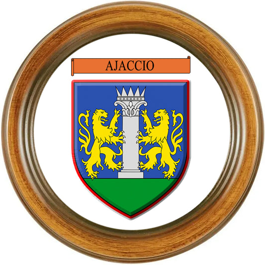Plaque métal ronde Ø 30 cm façon bois blason Ajaccio Corse du Sud