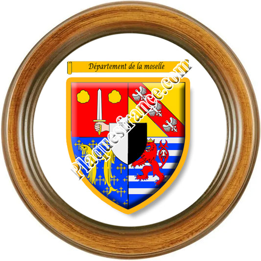 Plaque métal décorative ronde 30x30cm façon cadre bois  avec le blason de la Moselle