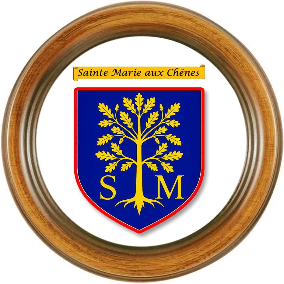 Plaque métal décorative ronde, blason Sainte Marie aux Chênes (57), façon cadre bois