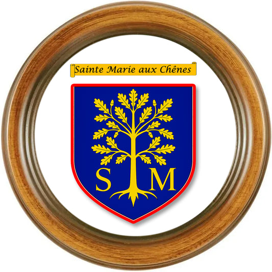 Plaque métal décorative ronde, blason Sainte Marie aux Chênes (57), façon cadre bois