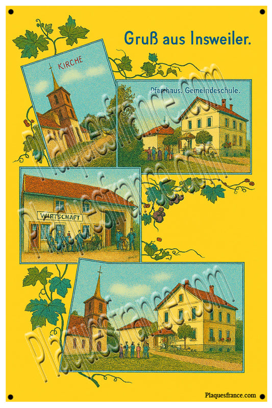 Plaque métal décorative 20 x 30 cm carte postale ancienne : Bonjour de Insviller, canton du Saulnois Moselle 57