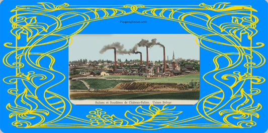 Plaque métal décorative 15 x 30 cm carte postale ancienne : Salines et Soudières à Château-Salins canton du Saulnois Moselle 57