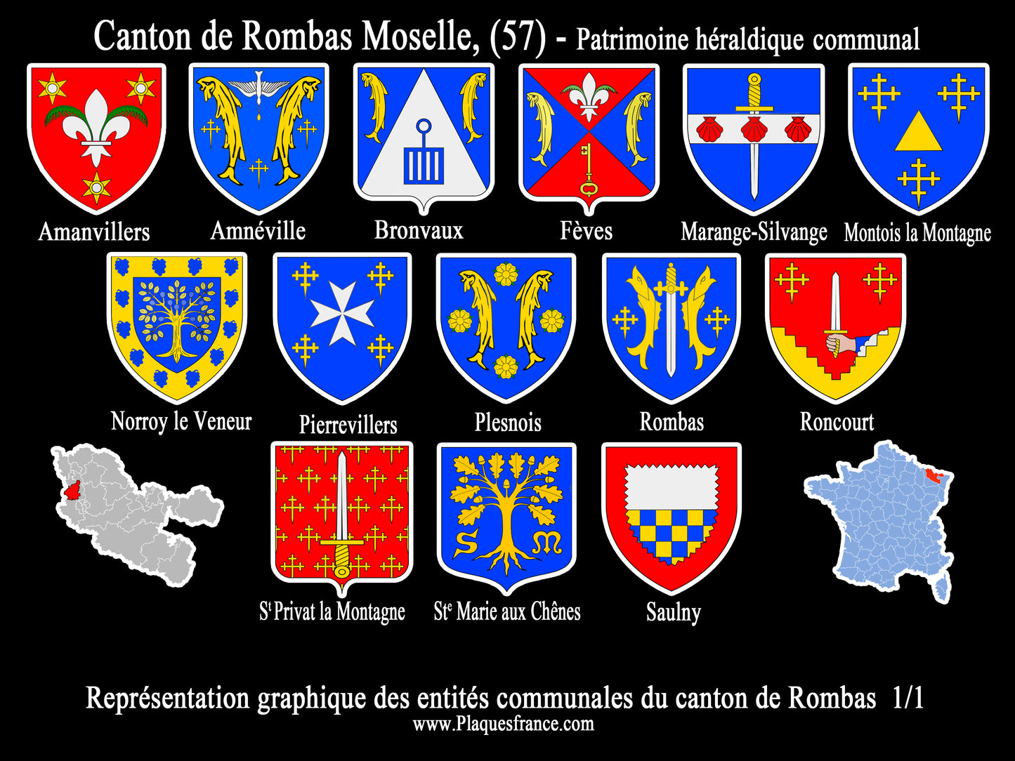Plaque métal décorative – Blasons du canton de Rombas, Moselle 57