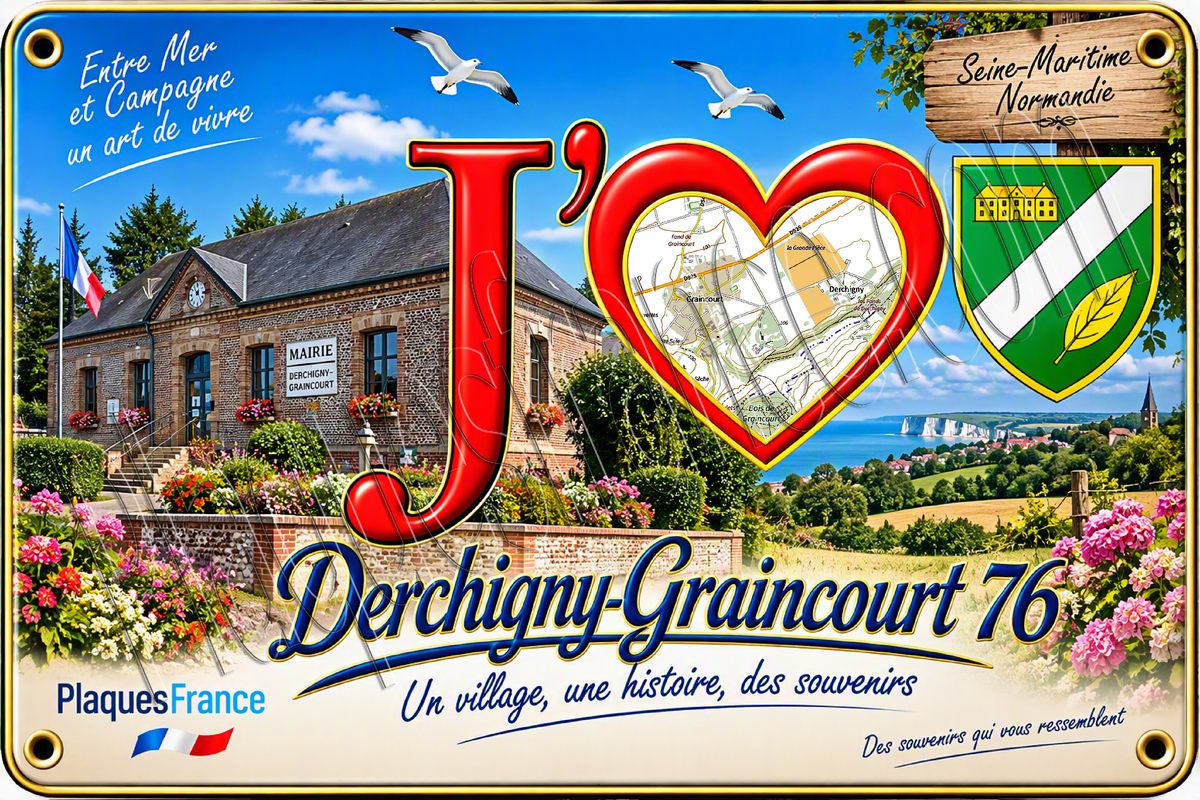Plaque métal décorative 20 cm x 30 cm J' ❤️ Derchigny, Seine Maritime (76)