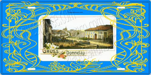 Plaque métal décorative 15 x 30 cm carte postale ancienne : Rue principale de Donnelay, canton du Saulnois Moselle 57