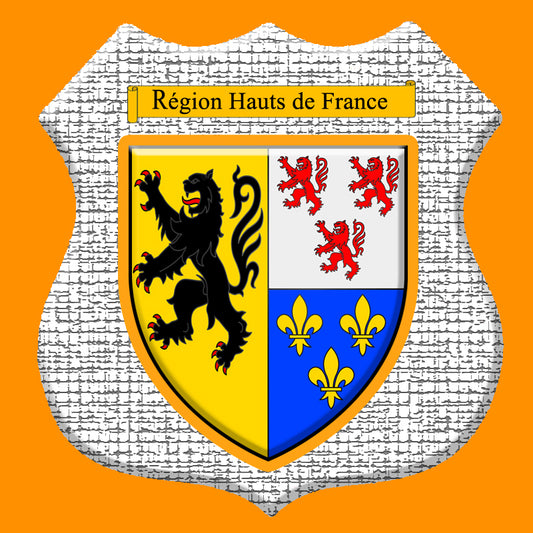 Plaque métal décorative format écusson Ø 30cm fond craquelures,  blason Hauts de France