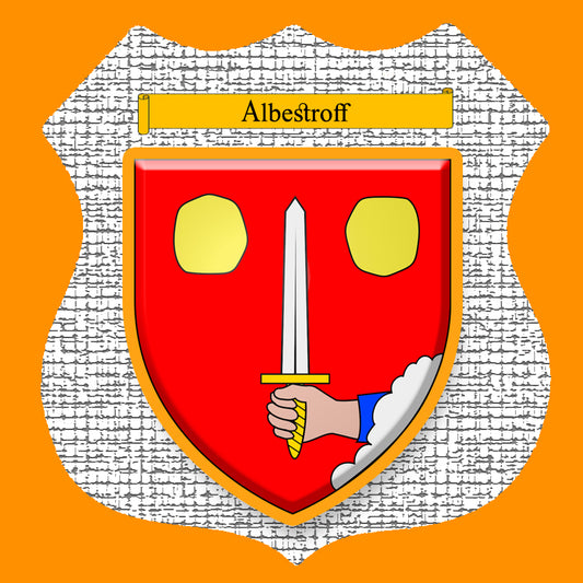 Plaque métal décorative format écusson Ø 30cm fond craquelures blason Albestroff, Moselle 57