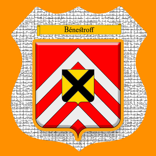 Plaque métal décorative format écusson Ø 30cm fond  craquelures blason Bénestroff, Moselle 57