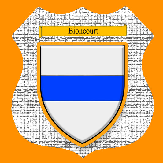 Plaque métal décorative format écusson Ø 30cm fond craquelure blason Bioncourt, Moselle 57