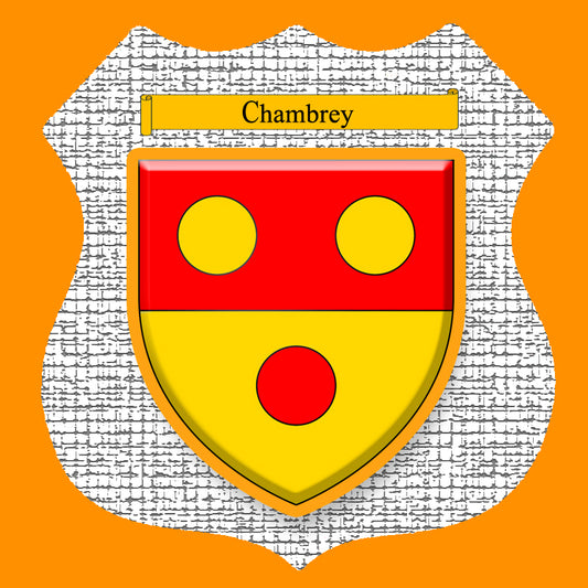 Plaque métal décorative format écusson Ø 30cm fond craquelures blason Chambrey, Moselle 57